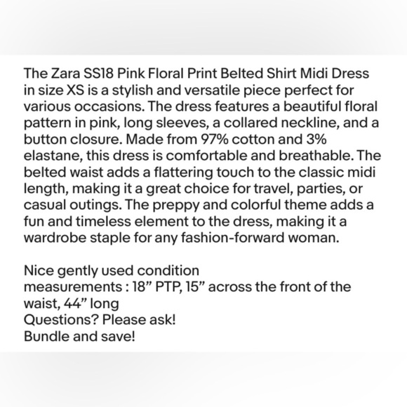 Zara SS18 Pink Floral Print Belted Shirt Midi Dress Size XS Button Tie Waist - Picture 3 of 16